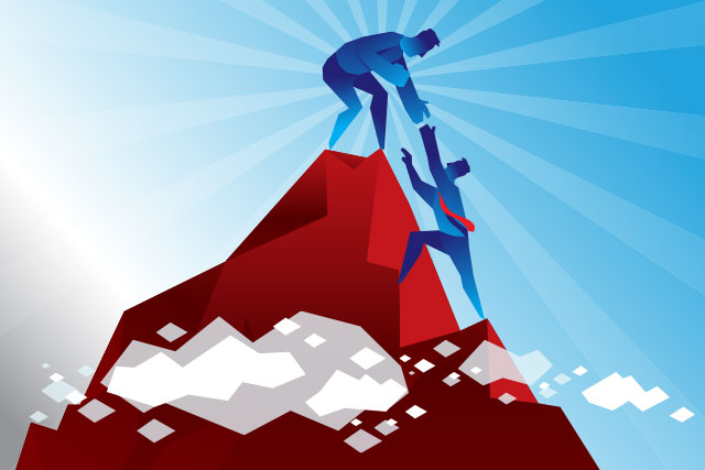 Illustration of HR consulting helping client get over the mountain successfully.