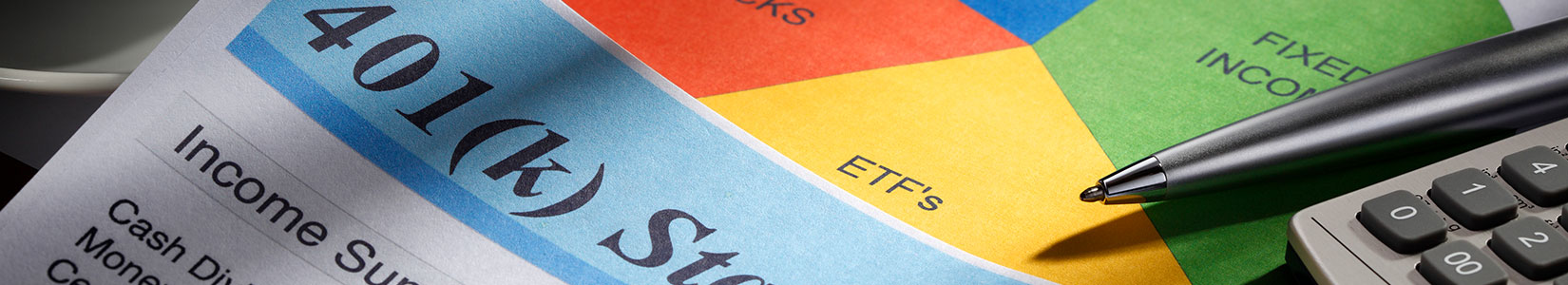 Close up of a 401(k) HR Benefits Management statement. The statement is surrounded by a cup of coffee, a pie chart of personal finances, a calculator and a pen.