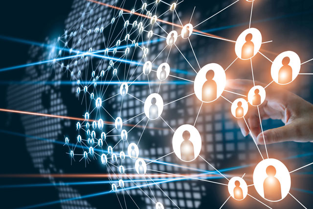 Human Resources recruiting network on digital world map in Atlanta office