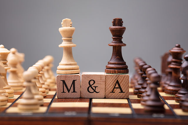 Close-up Of King Chess Pieces On Wooden Blocks With Mergers And Acquisitions